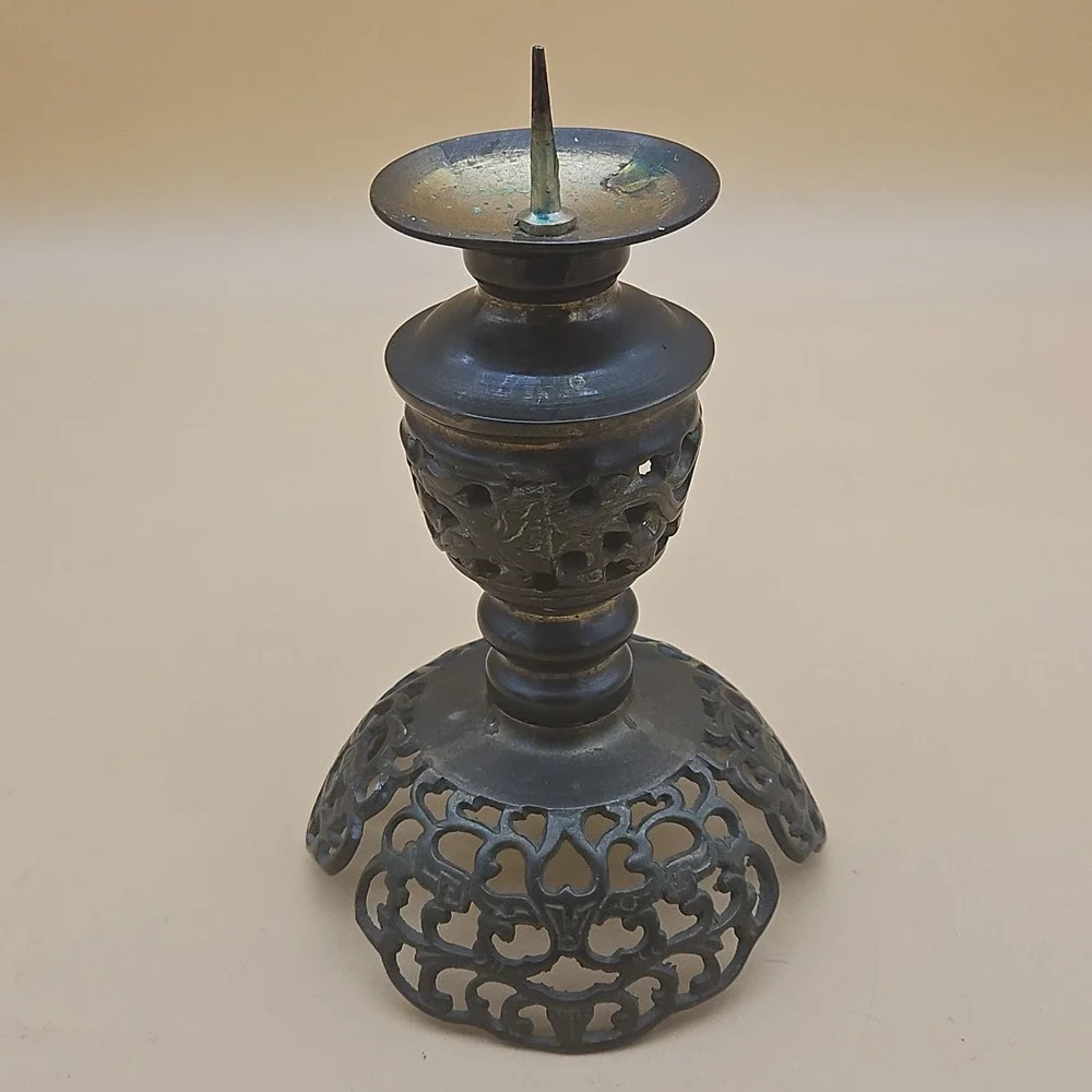 Vintage Chinese Asian Pricket Candle Holder Brass Metal Open Lattice Designs